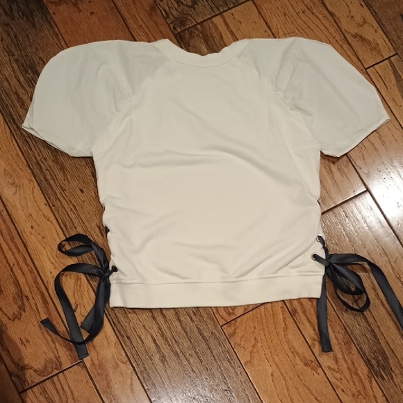 Lace Up White Short Sleeve Sweatshirt 100% Cotton Balletcore Women's Size Small - Picture 5 of 6
